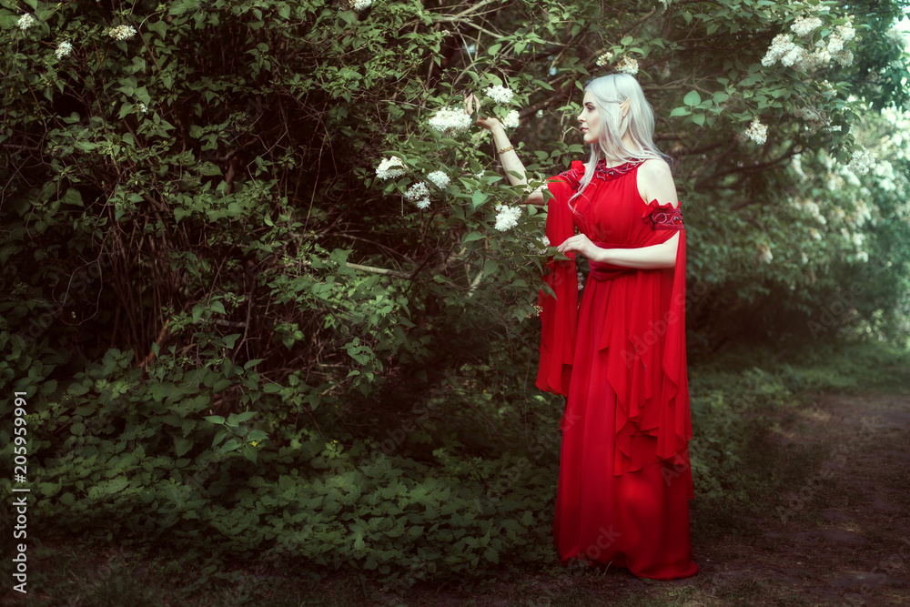 Young elf woman in a red dress in a fairy forest.