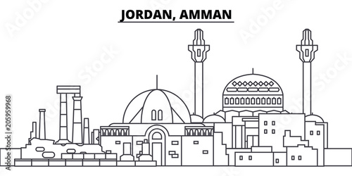 Jordan, Amman line skyline vector illustration. Jordan, Amman linear cityscape with famous landmarks, city sights, vector design landscape. 