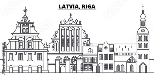Latvia, Riga line skyline vector illustration. Latvia, Riga linear cityscape with famous landmarks, city sights, vector design landscape. 