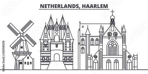 Netherlands, Haarlem line skyline vector illustration. Netherlands, Haarlem linear cityscape with famous landmarks, city sights, vector design landscape. 