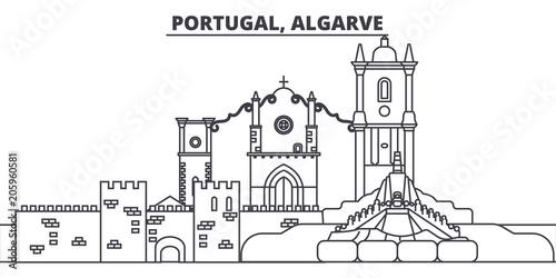 Portugal, Algarve line skyline vector illustration. Portugal, Algarve linear cityscape with famous landmarks, city sights, vector design landscape. 
