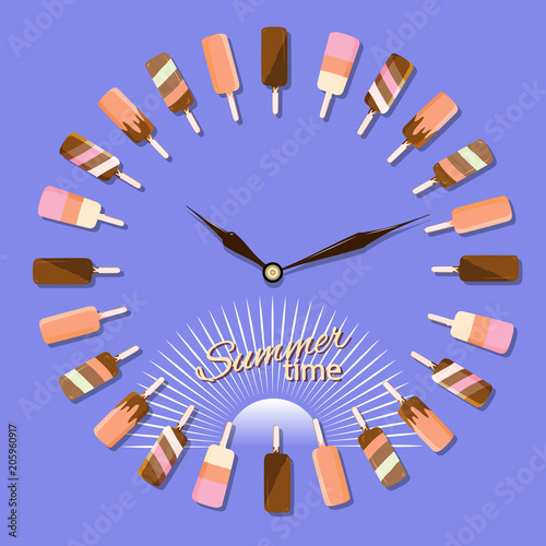 Concept illustration of summer time. The hands of the clock and ice cream in the form of a dial and the inscription 