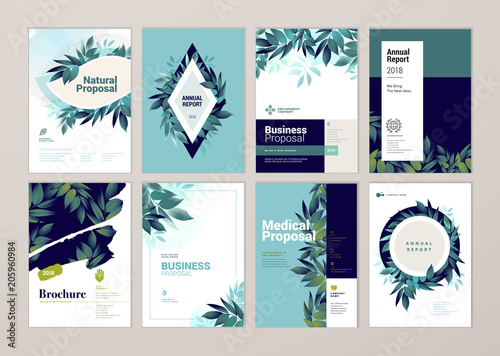 Set of brochure and annual report cover design templates on the subject of nature, environment and organic products. Vector illustrations for flyer layout, marketing material, magazines, presentations