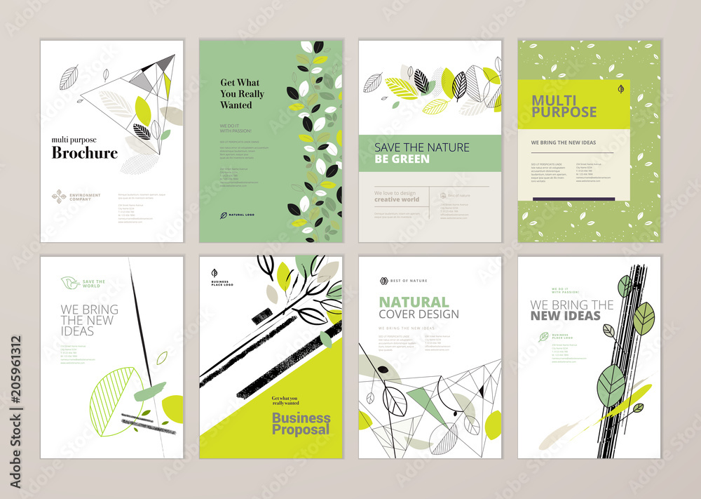 Set of brochure and annual report cover design templates on the subject of nature, environment and organic products. Vector illustrations for flyer layout, marketing material, magazines, presentations - obrazy, fototapety, plakaty 