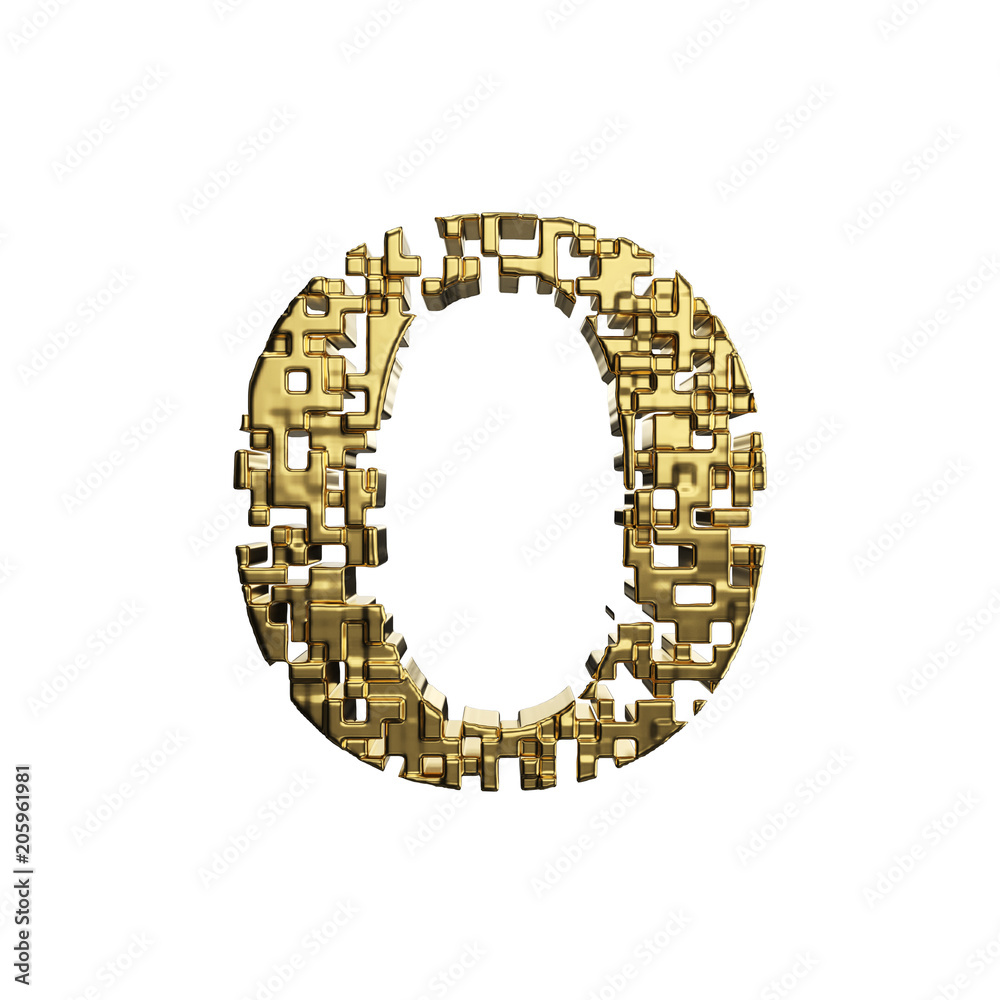 Alphabet letter O uppercase. Golden font made of yellow metallic shapes. 3D render isolated on white background. Alphabet letter O uppercase. Golden font made of yellow metallic shapes. 3D render isolated on white background.