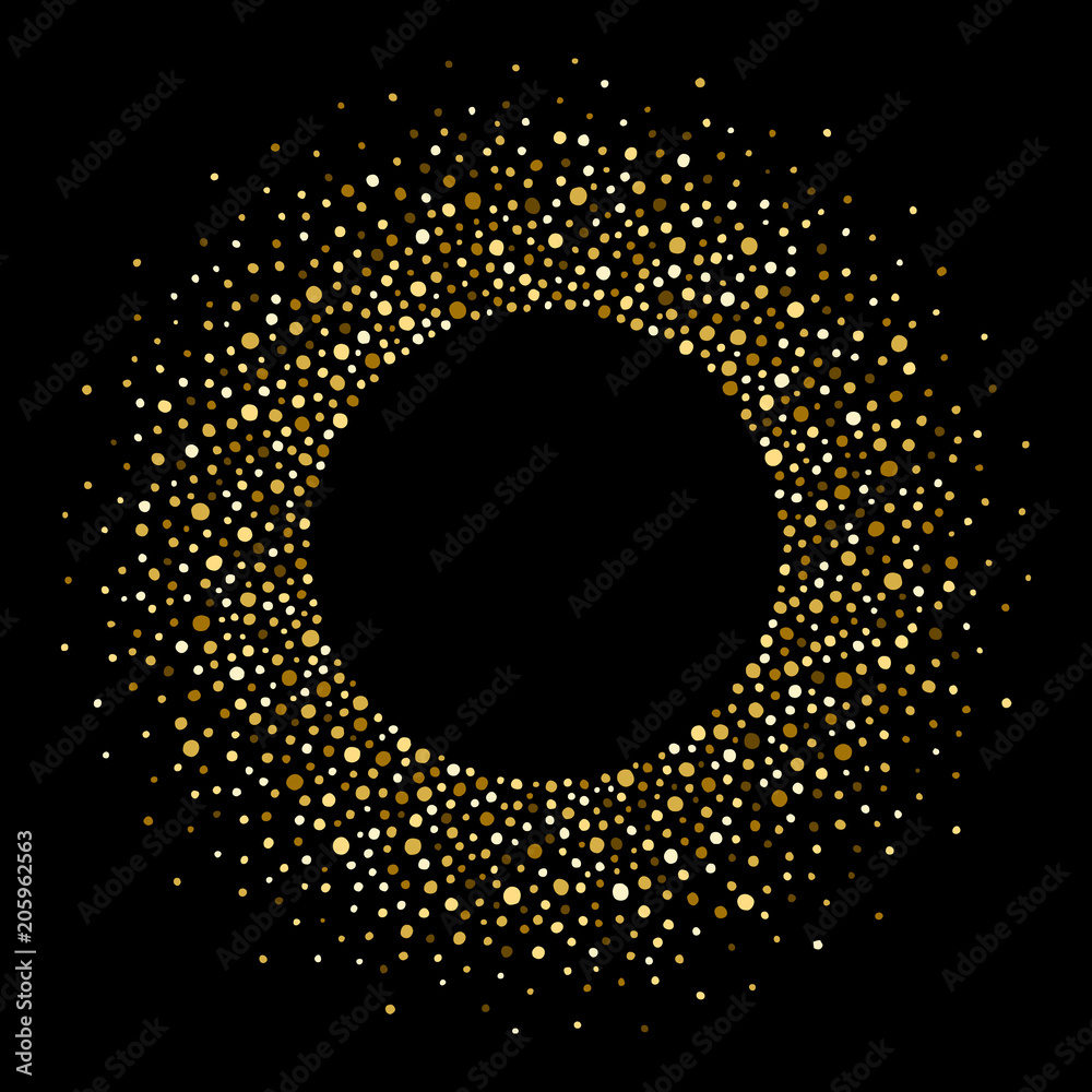 Golden splash or glittering spangles round frame with empty center for text. Gold circle made of tiny uneven dots abstract background. Golden blobs textured round frame on black backdrop. 