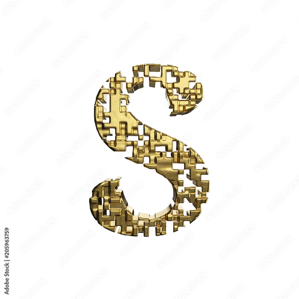 Alphabet letter S uppercase. Golden font made of yellow metallic shapes. 3D render isolated on white background.