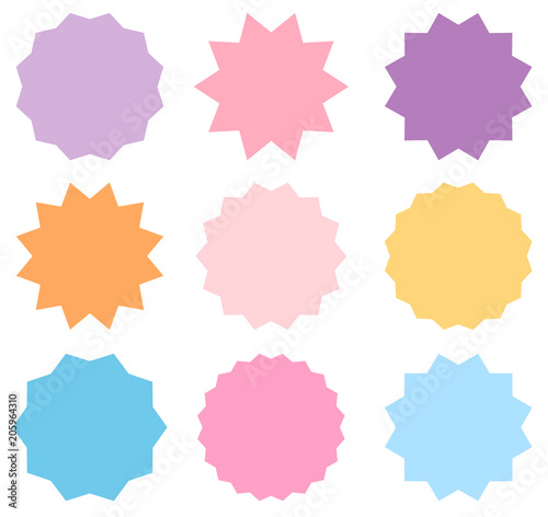 Set of vector pastel colored starburst symbols. Sunburst empty labels or stickers for advertising, shop sales tags and graphic design