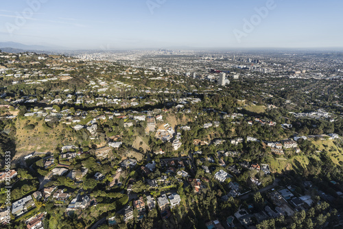 Aerial view of hillside and canyon homes above Beverly Hills and West Hollywood in Los Angeles California. 