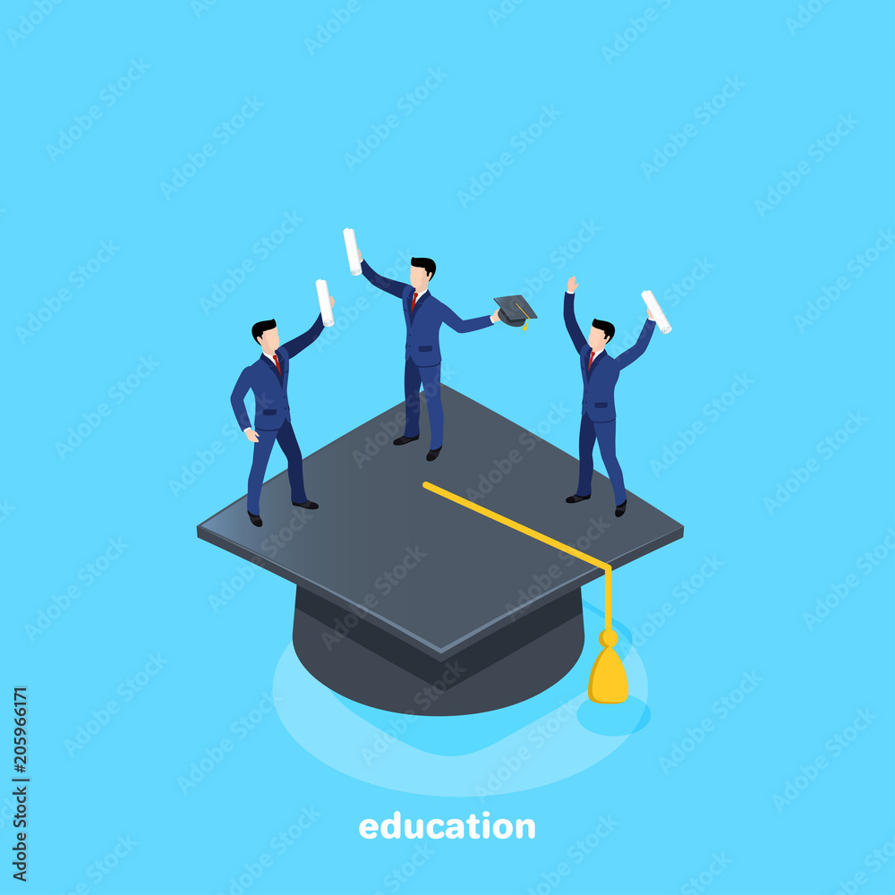 men in business suits throw up the bachelor's caps, isometric image men in business suits throw up the bachelor's caps, isometric image