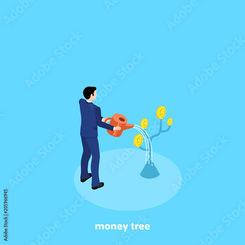 a man in a business suit sprinkles a rising chart from a watering can, isometric image
