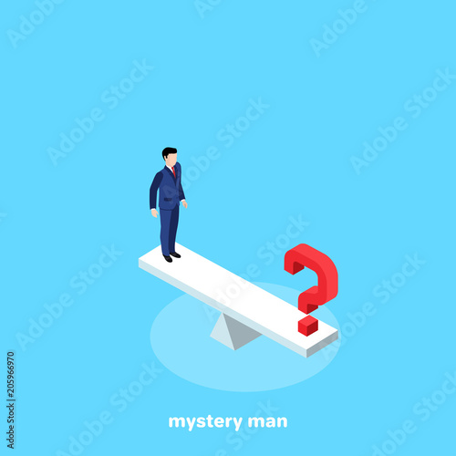a man in a business suit is standing on the scales and a question mark, an isometric image