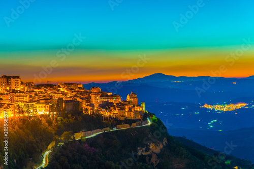 Night view of Enna town in Sicily, Italy