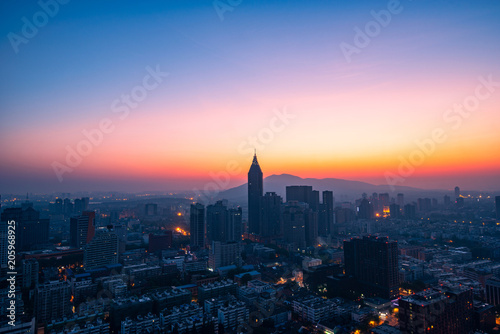 Night Skyline of Nanjing City before Sunrise in Spring