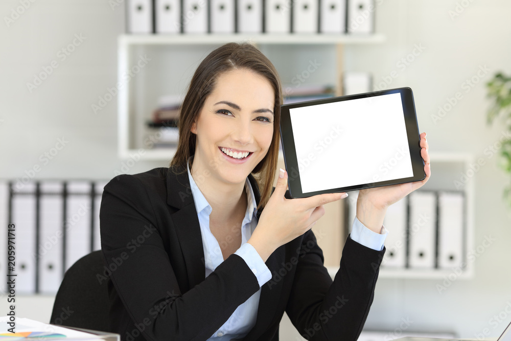 Office worker showing an horizontal tablet screen Office worker showing an horizontal tablet screen