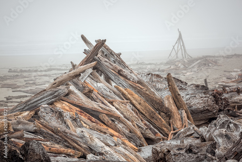 Driftwood piled on a foggy Bullard's Beach near Coquille Lighthouse in Oregon © Lori Labrecque