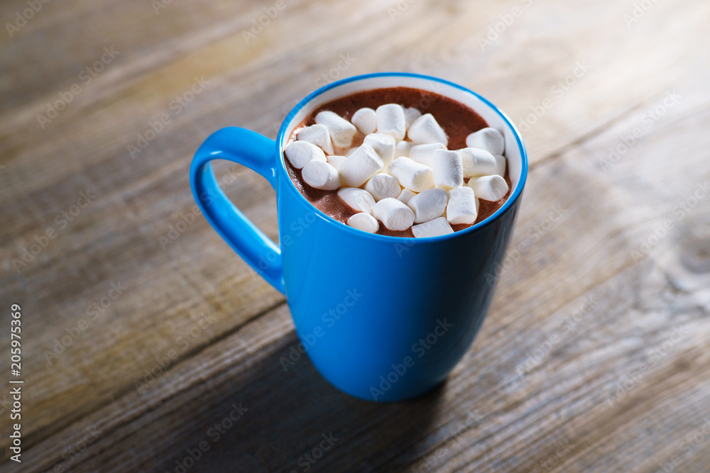 Cocoa with marshmallow, close up. Warming sweet drink, coziness, home taste, autumn delightful beverage