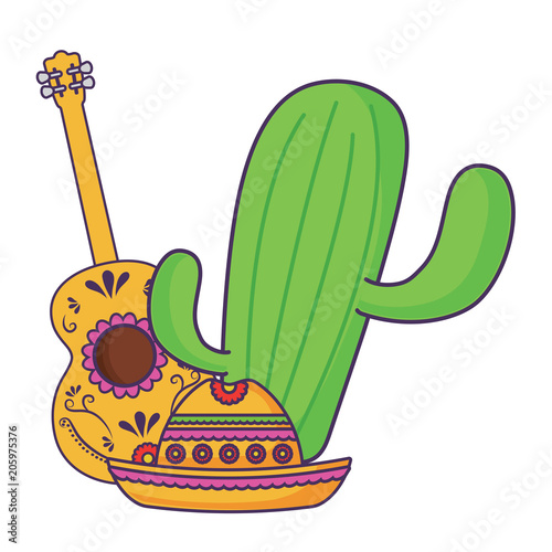 cactus plant with mexican guitar and guitar over white background, vector illustration