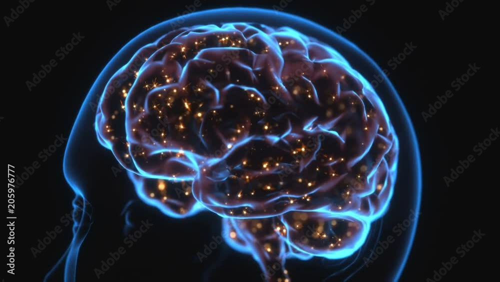 X-ray of the head and human brain in concept of neural connections and electrical pulses. Sparkles inside the brain. Powerful mind.