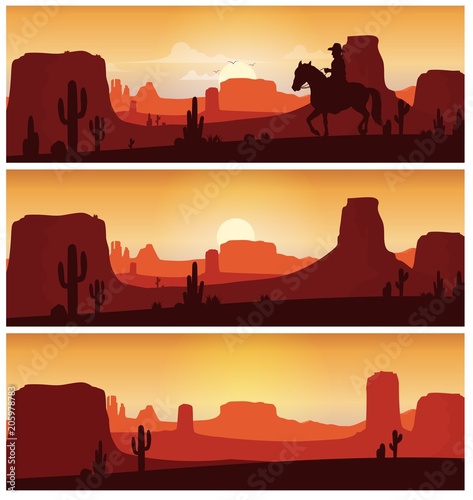 Cowboy riding horse against sunset background. Wild western silhouettes banners