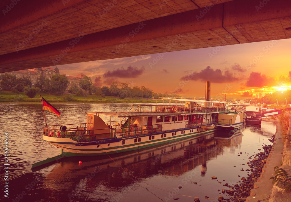 Dresden Elbe river and boats in Saxony Germany Dresden Elbe river and boats in Saxony Germany