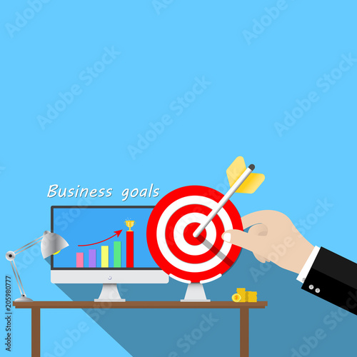 Hand of business man holding a set target and an arrow stuck in the middle on his desk. vector illustration Business targeting concept..