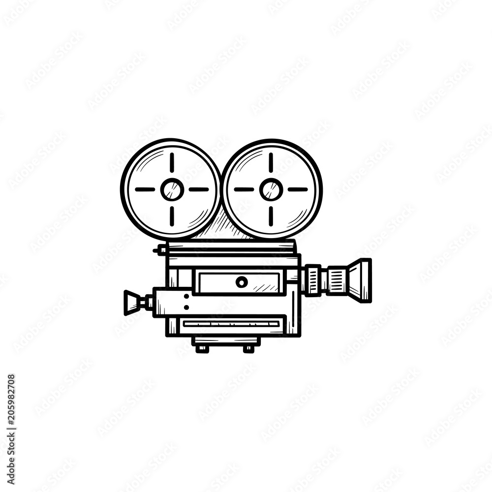 Retro video camera hand drawn outline doodle icon. Vintage movie, film and cinema  camera with reels vector sketch illustration for print, web, mobile and  infographics isolated on white background. Stock Vector