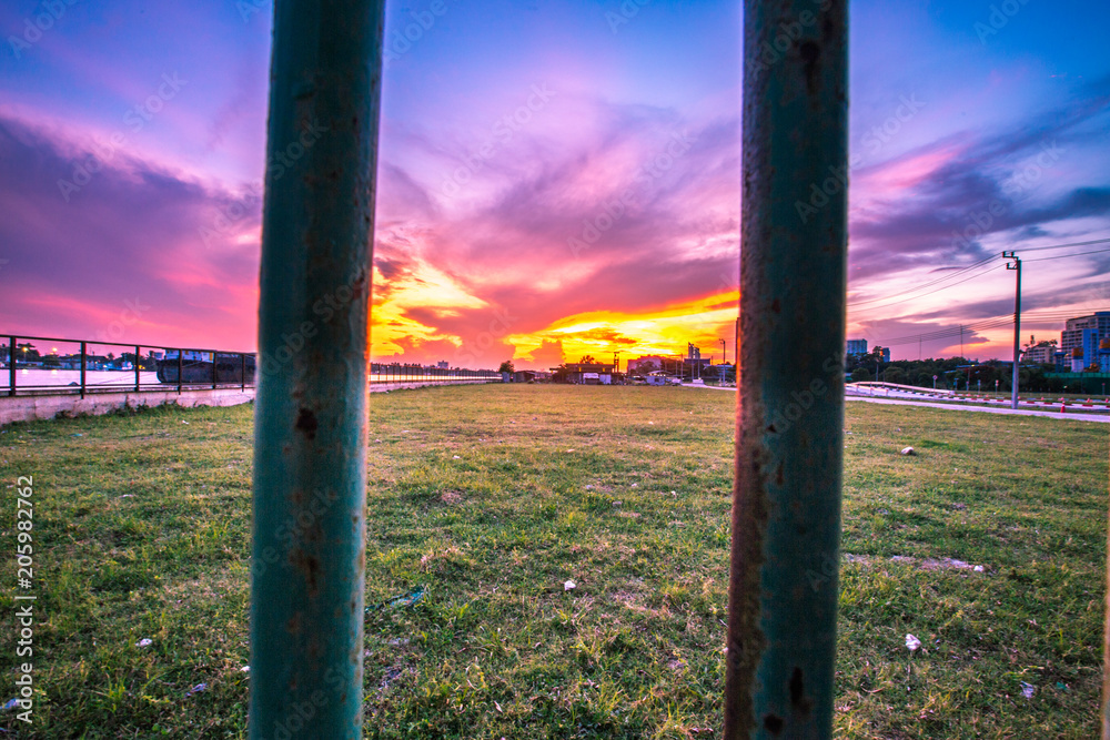 Fototapeta premium Bangkok City - Beautiful sunset view of Bhumibol Bridge,landmark Thailand