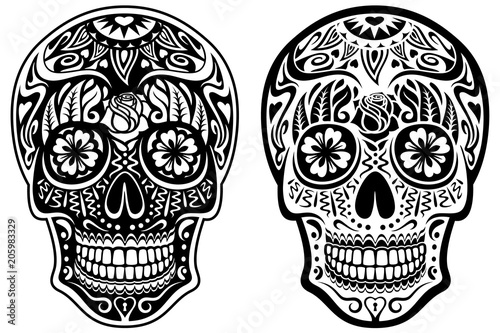 Vector illustration of a black and white sugar skull and its inverse, white and black version.
