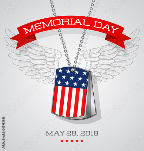 Memorial Day card or banner design with soldier's dog tags with flag and wings background