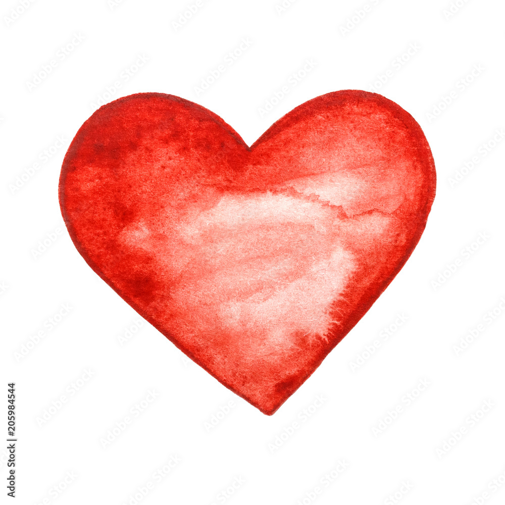 Hand drawn Illustration of red watercolor heart with splash closeup isolated on white background. Valentines day holiday card.