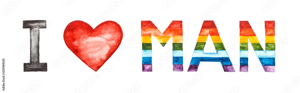 I love man lettering. Rainbow, red heart painted in watercolor on white background.
