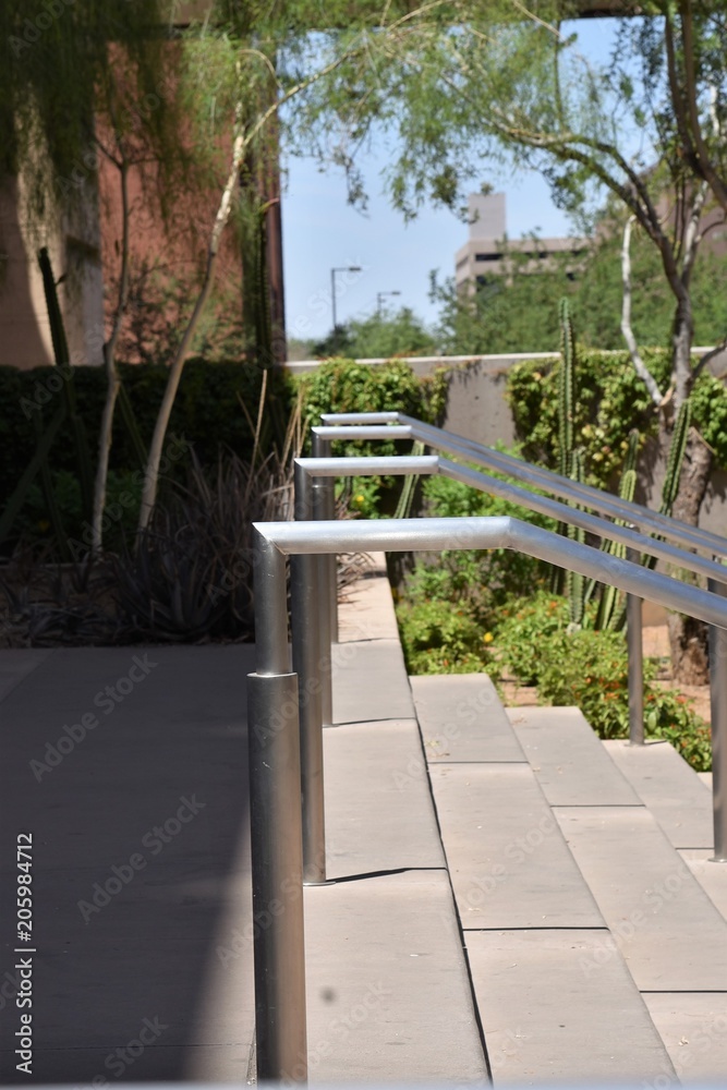 Perspective view of handrails in front of building
