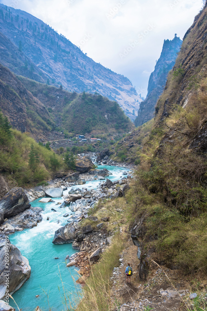 Mountain river in a deep gorge in the Himalayas.