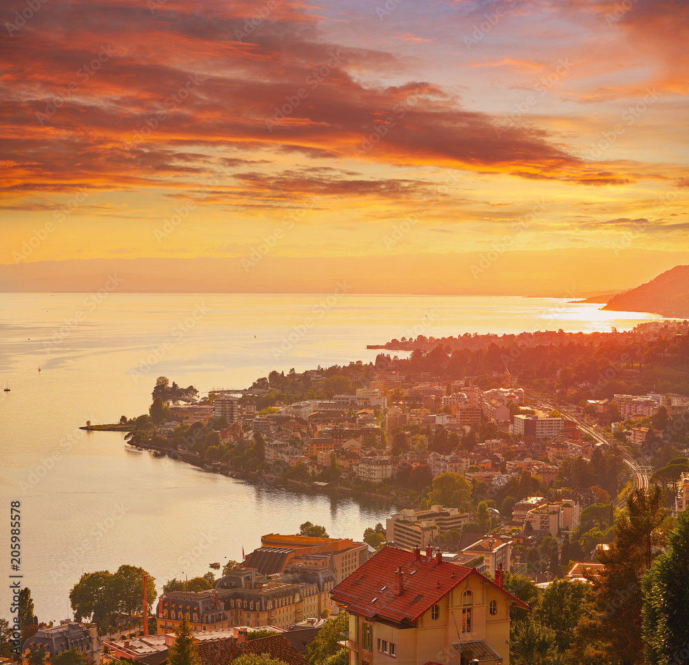 Montreux sunset skyline in Leman Geneva Swiss