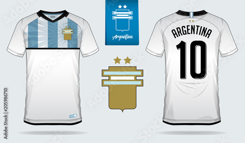 Set of soccer jersey or football kit template design for Argentina national football team. Front and back view soccer uniform. Football t shirt mock up. Vector Illustration