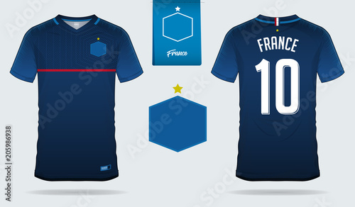Set of soccer jersey or football kit template design for France national football team. Front and back view soccer uniform. Football t shirt mock up. Vector Illustration
