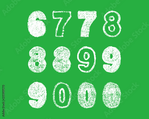 handwritten white chalk bold arabic numbers 6, 7, 8, 9, 0 on green background, hand-drawn chalk numerals, stock vector illustration