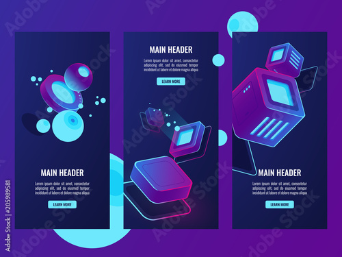 isometric set of futuristic banners, digital data concept, vector server room web hosting, data processing
