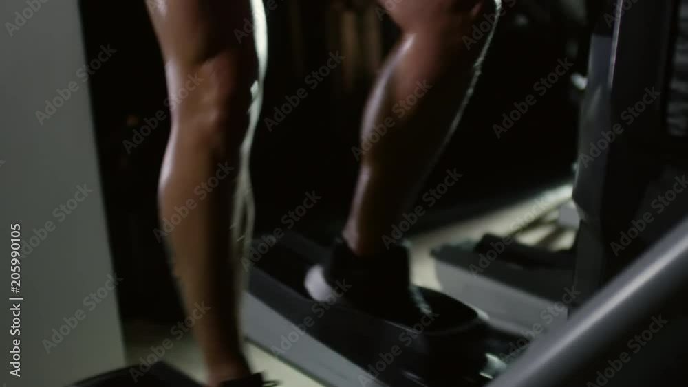 Tilt up of athletic woman exercising on stair stepper while having cardio workout in gym Tilt up of athletic woman exercising on stair stepper while having cardio workout in gym