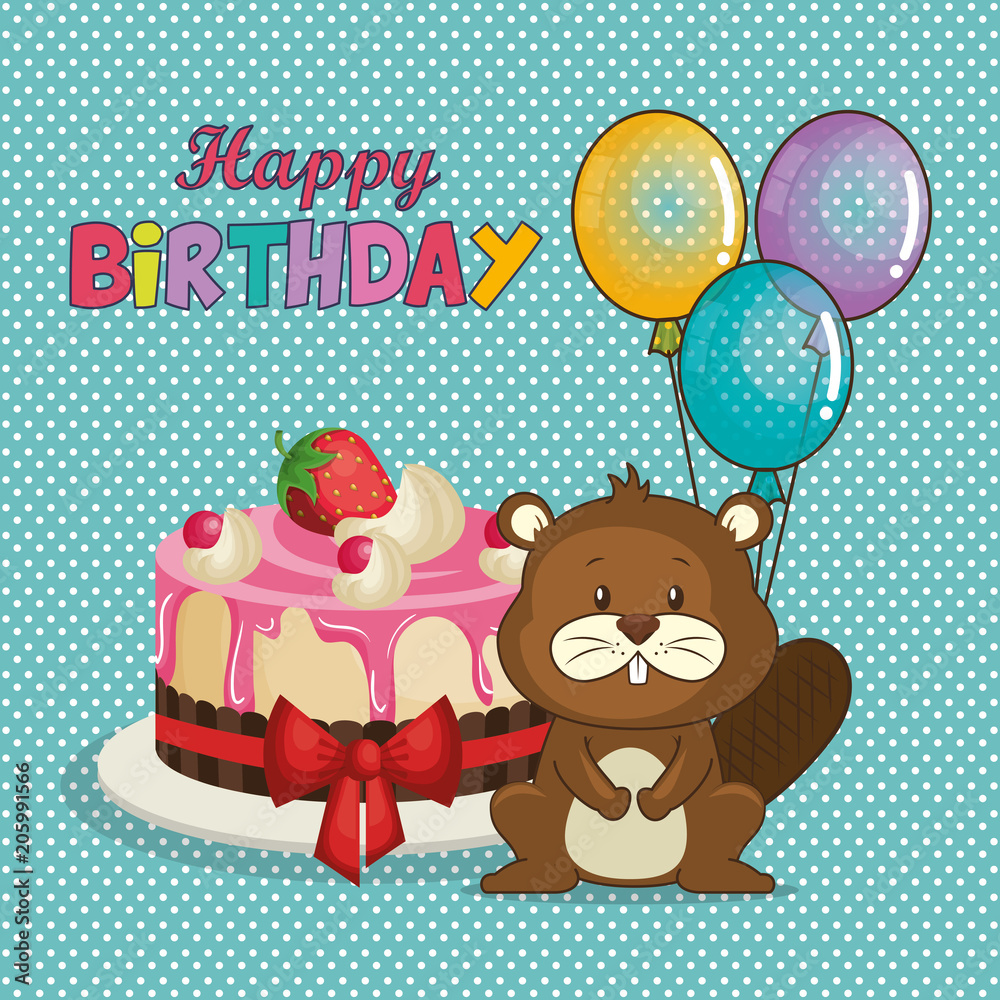 Naklejka premium happy birthday card with cute beaver vector illustration design