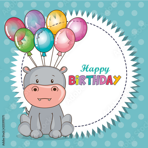 happy birthday card with cute hippo vector illustration design