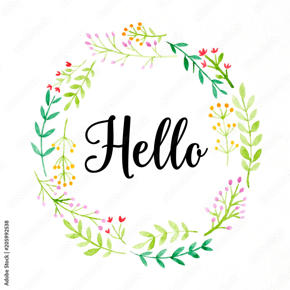 Hello word on colorful watercolor flower wreath on white background, banner, greeting card