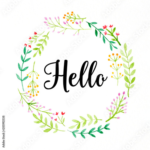 Hello word on colorful watercolor flower wreath on white background, banner, greeting card