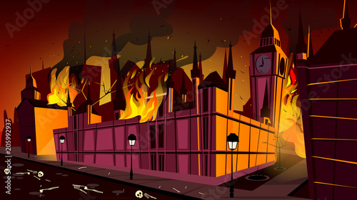 London in fire of plague epidemic vector illustration. London city burning at plague disease with dead people skeletons on night streets at cartoon Big Ben or Parliament House for Britain history