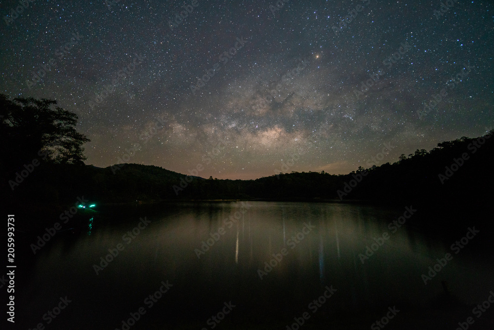 Milky Way band across sky over reservoir.