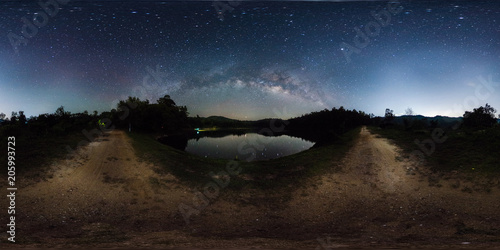 360 degree panorama of milky way band across sky over reservoir.