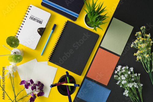 Multiple stationery items and office supplies. Top view flat lay.