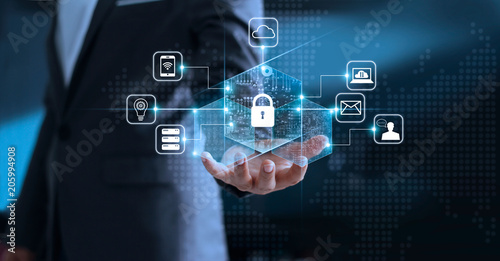 Data protection privacy concept. GDPR. EU. Cyber security network. Business man protecting his personal data information. Padlock icon and internet technology networking connection