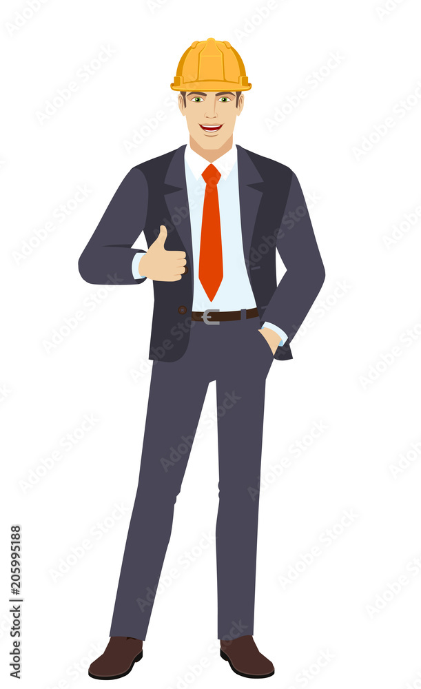 Businessman in construction helmet with hand in pocket showing thumb up Businessman in construction helmet with hand in pocket showing thumb up